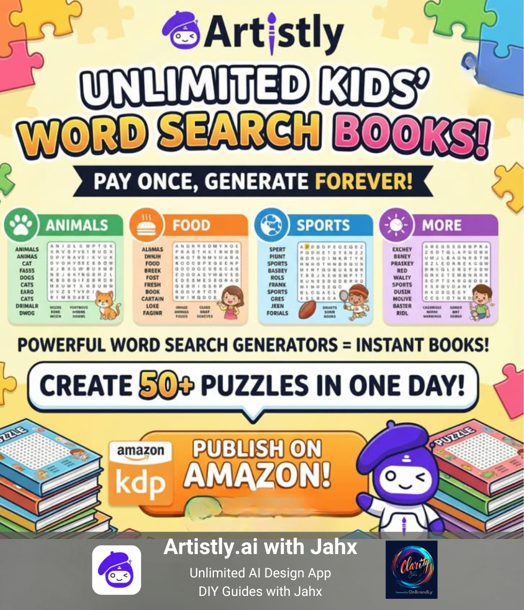 Pay once, generate forever — unlimited Artistly puzzle and word search books